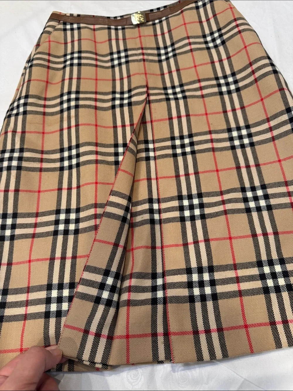 Authentic Burberry Beige Plaid Pencil Skirt with Red and Black Accents